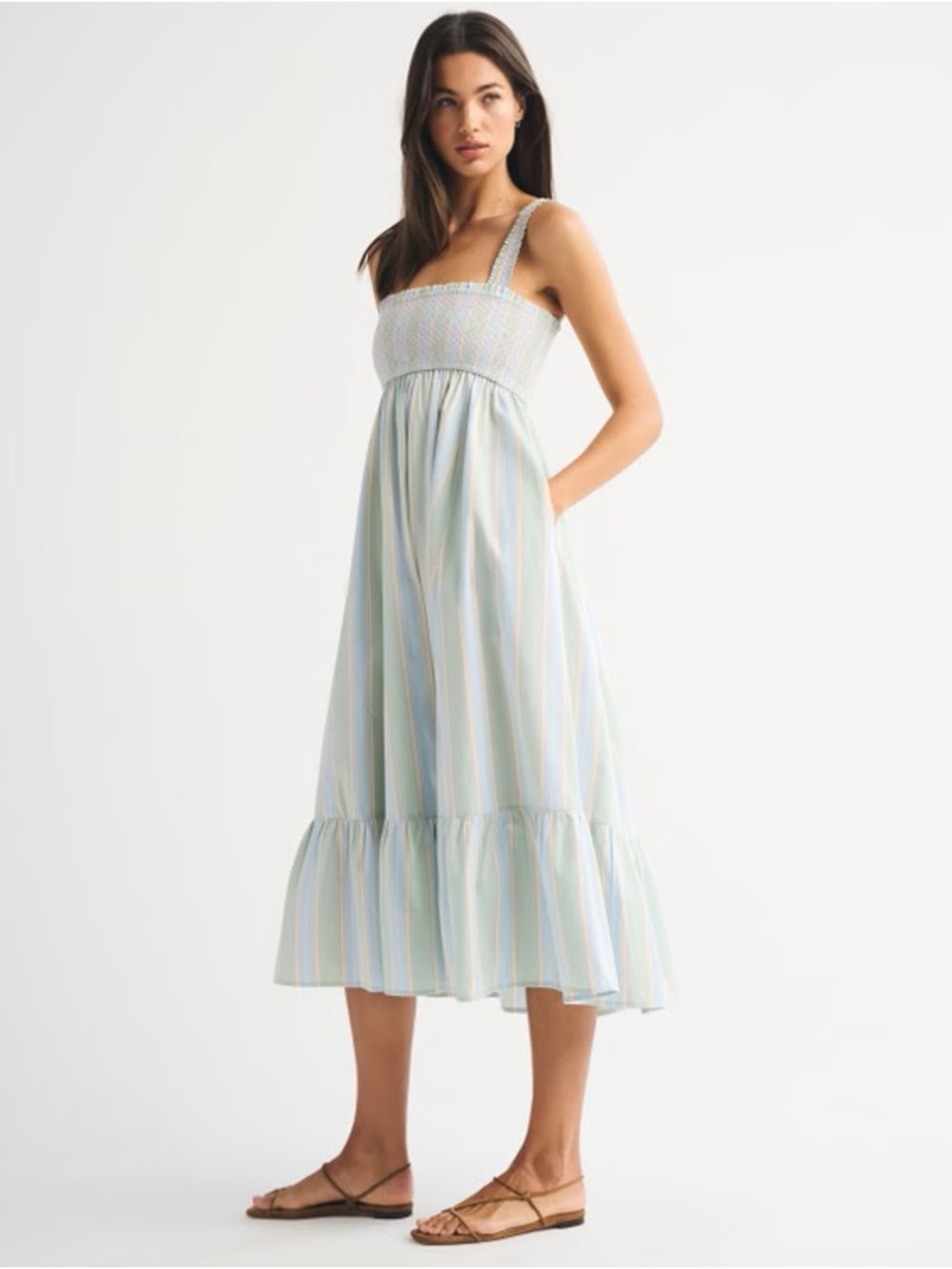 NWT Abercrombie & Fitch Pastel Striped Smocked Midi Dress with Pockets